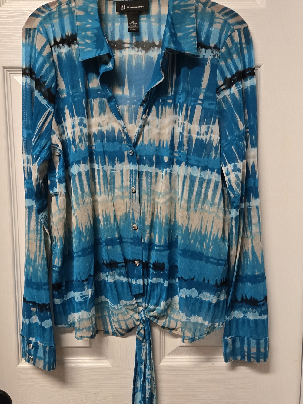 INC International Concepts Blue Tie-Dye Button Front Womens Top